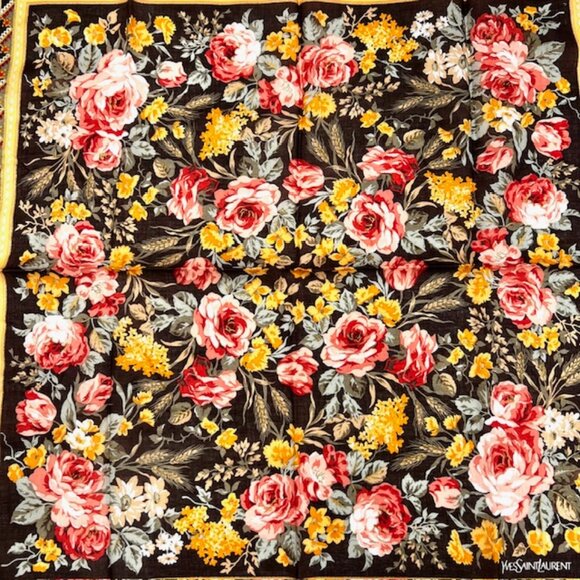 New Yvest Saint Laurent  Mini Scarf handker 19" cotton orang pink green flora(92 - Picture 7 of 7